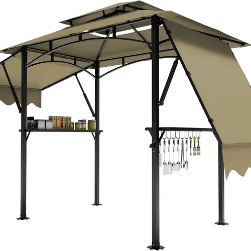 Garvee 8x5 Double-Sided Awning BBQ Gazebo Tent Patio Parasol - All-Weather Waterproof Canopy, Arc Metal Frame, Fold-Down Privacy Panels, Built-in Bottle Opener, 4 Energy-Saving Lights for Patio,home decor,camping essentials