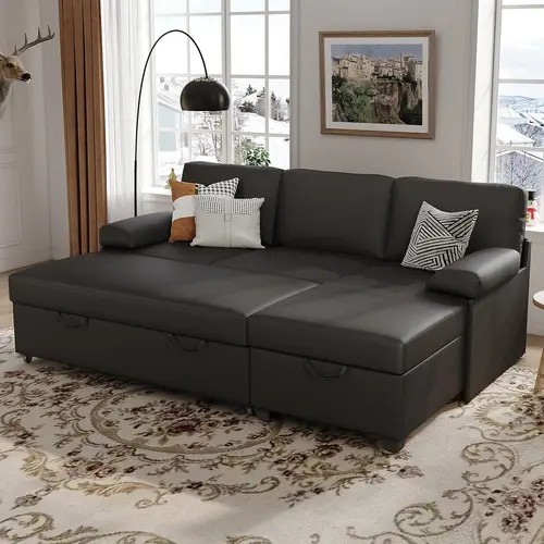 COPIAE 80in Upholstered Sectional Sofa - L-Shaped Reversible Chaise with Pull-Out Bed, Hidden Storage, Removable Armrest & Pre-Cut Parts for Living Room Bedroom