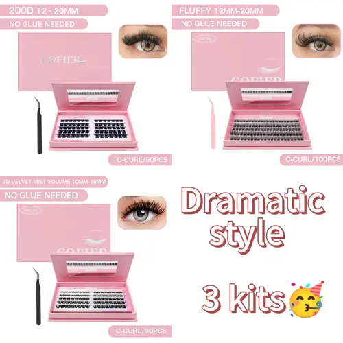 [Dramatic Styles] Cofier Self-Adhesive lashes Glue - Free DIY Lash Kit (pink box)  Comes with Tweezers! (80/100 Pcs) for a Quick and Natural Lash Makeover Individual Eyelashes Makeup Eyelashes