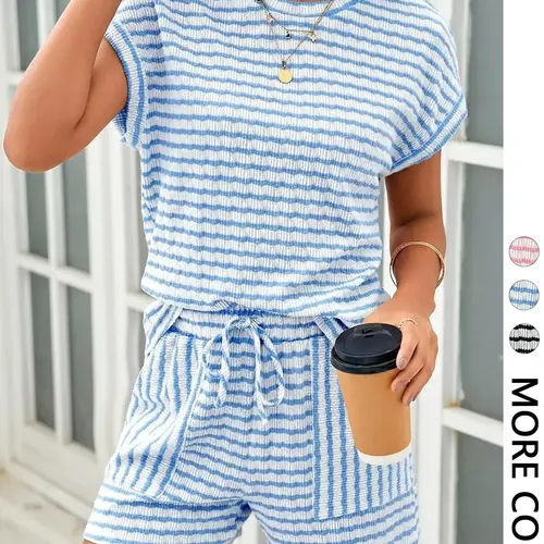 Women's Casual Striped Loose Fit Home Vacation Short Sleeve Top T-Shirt and Pocket Shorts Set, 2 Piece Summer Clothing