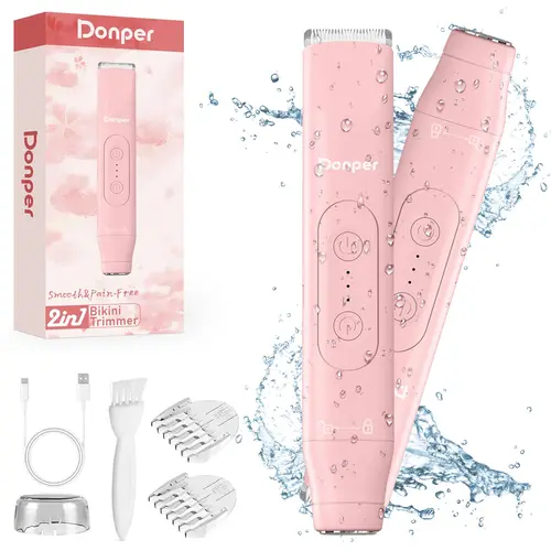 Donper Women's 2-in-1 Cordless USB Rechargeable Pubic Hair Trimmer, Portable Waterproof Bikini Shaver, IPX7 Electric Razor with Hypoallergenic Foil-Ceramic Blades for Underarm, Legs & Travel Use, Cordless Rechargeable Pubic Hair Trimmer