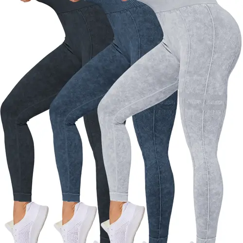 Women's 3-Pack Washed Seamless Nylon Elastane Yoga Leggings - High-Waisted High Waistlift Butt-Lifting Stretchy Sand-Washed Activewear Tights for Gym & Daily Wear, 3-Pack Value Leggings Women