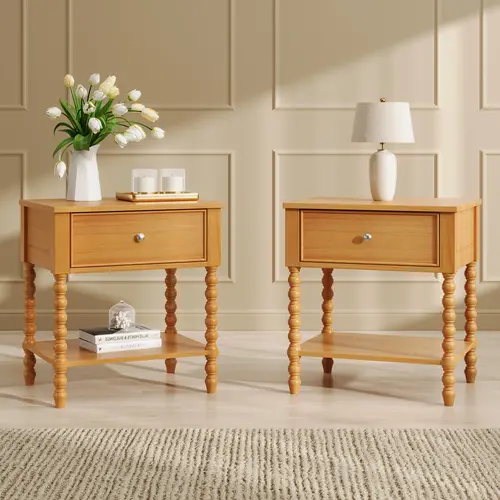 [Summerwins]Amerlife 1PC/2PCS Solid Wood Nightstand - Drawer-Equipped Bedside Table with Turned Legs & Open Shelf, Walnut Vintage Wide Accent End Table for Bedroom, Living Room, Drawer-Equipped Bedside Tables