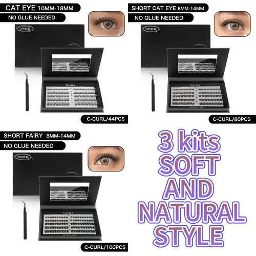 Cofier Self-Adhesive Individual Lashes Kit with Glue & Tweezers - Synthetic Fiber, C-D Curl, Mixed Styles (Cat Eye/Short Cat Eye/Short Fairy Look, 80/100 Pcs) for Quick, Natural Makeup Makeover