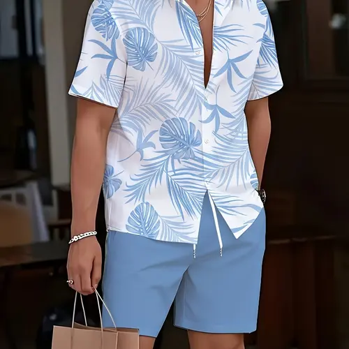 Men's Hawaiian Tropical Style Short Sleeve Shirt & Shorts Matching Set, Beach Vacation Casual Vibe, Palm Leaf Print, Regular-Fit, Contemporary Co-ord Set, Shorts Sets Outfits