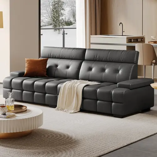 COPIAE [2 Packages Shipping] 102.4" Mid-Century Cozy Sofa, Faux Leather Oversized Couch with Adjustable Headrest & Seat Depth, Mid Century Modern/Large Size Living Room Furniture, Sofas for Living Room