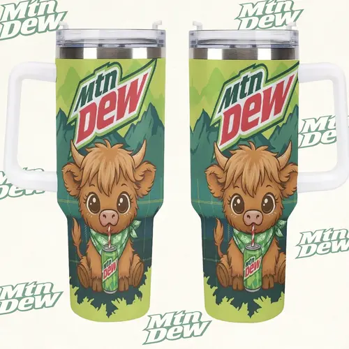 Mtn Dew Highland Cow Tumbler - 40oz Travel Mug - Cute Baby Cow Graphics, Mountain Landscape Design, Dew the Moo Adorable Highland Cow Mtn Dew Aesthetic 40oz Travel Cup, mother's day Perfect Gift for Soda Lovers & Farm Animal Fans, summervibes, dealsforyou