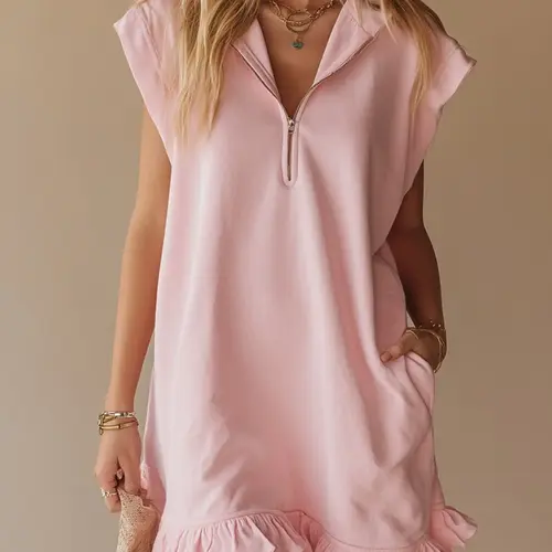 Women's Summer Sleeveless Dress with Dual Pockets, Half-Zip V-Neck Pleated A-Line Skirt, Casual Chic Elegant Elegance Dress for Ladies, Womenswear