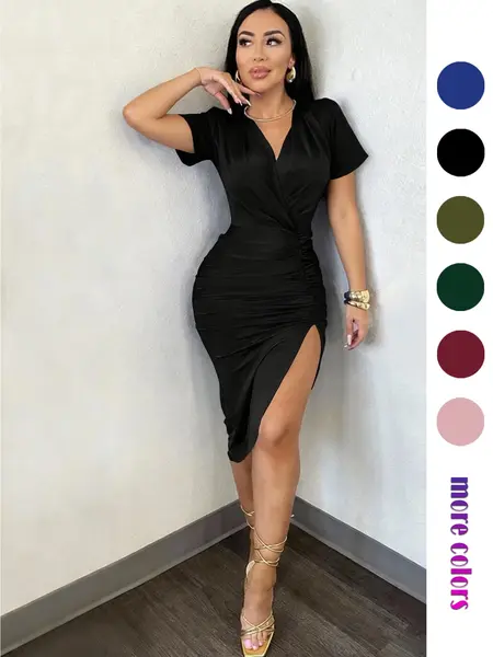 Elegant Pleated Collar Bodycon Fit Dress, Short Sleeve Summer Dress, Split Hem, Perfect for Parties, Weddings, Office Wear, Women's Fashion