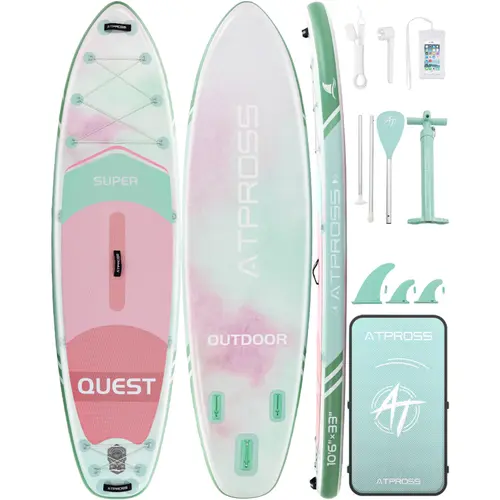 Extra Wide Inflatable Stand Up Paddle Board (SUP) - 10'6"x33" for Adults, 400 lbs Capacity, Anti-Slip EVA Deck, 600D Backpack Carry, Compact Pack, Phone Stays Dry, Kit for Fishing & SUP Surfing Includes Bag & Wrench, Stable Balance, Golden Rat