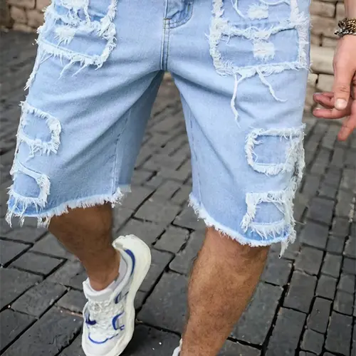 Summer New Arrival | Men’s American high‑street distressed denim shorts featuring a unique off‑white aged finish and trendy zip pockets; loose yet well‑structured cut that doesn’t restrict movement; breathable and comfortable for everyday summer outings.