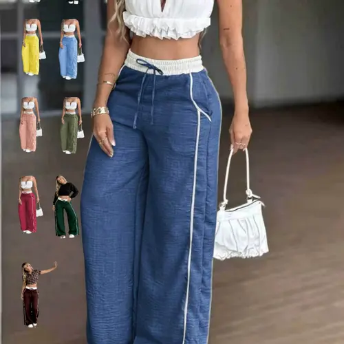 Women's High Waist Elastic Adjustable Drawstring Wide Leg Pants, Side Stripe Y2K Style, Spring Summer New Basic Casual Loose Fit Trousers, Bottoms, Baggy