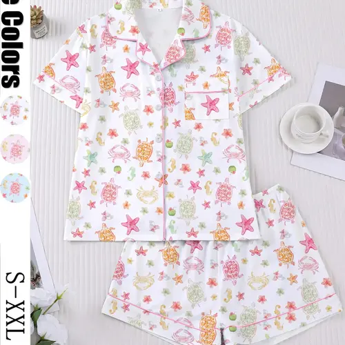 Women's 2-Piece Short Sleeve Sleepwear Set, Pajama Set, Homewear & Loungewear, Fun Oceanic Cartoon Print, Casual Nightwear, Comfortable Lapel Top & Wide Leg Shorts, Lounge Pjs Set