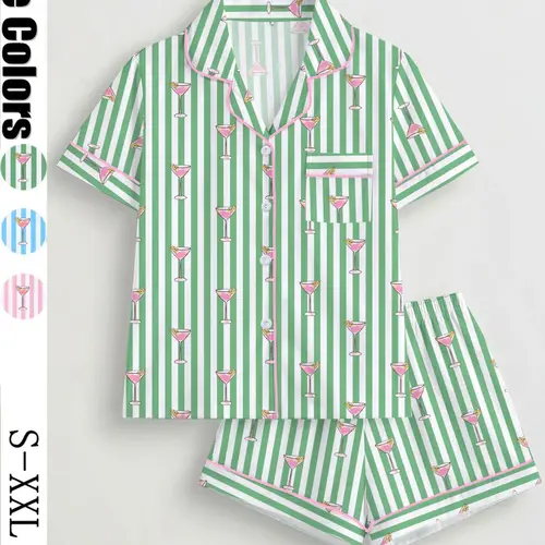Women's Spring Summer Pajama Set, Striped Wine Glass Print Shirt Collar Short Sleeve Top and Loose Elastic Shorts Loungewear