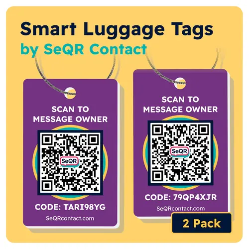 Smart Luggage Tags (Purple 2-Pack) | Keeps Personal info Private With Privacy QR Code | Use with Away GPS Bag Locator & Air Tag | Android or iOS