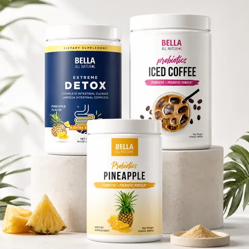Bella All Natural Colon Cleanse (Pineapple) + Probiotics Iced Coffee + Probiotics Pineapple Powder