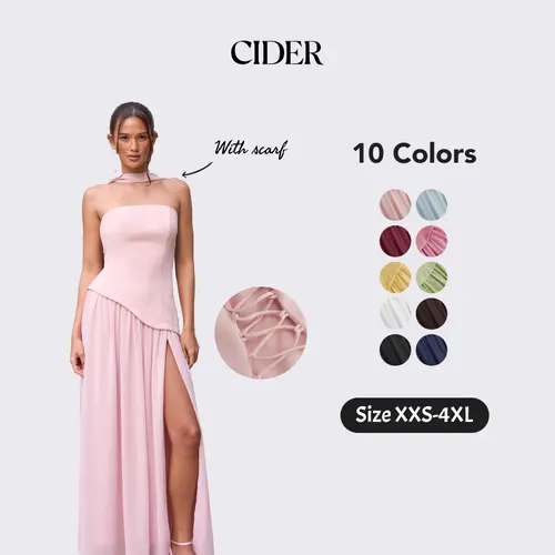 Cider Elegant Vacation Bandeau Dress for Beach Holiday, Sexy Lace Up Maxi Dresses, Ladies Sundress with Scarf, Summer Party Gowns