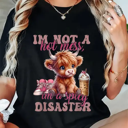 Unisex I'm Not A Hot Mess Shirt, Cute Pink Highland Cow Graphic Tee, 100% Cotton Casual T-Shirt