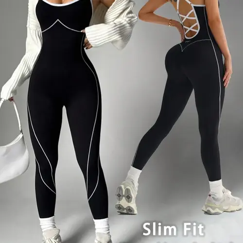 Women's Seamless Colorblock Yoga Sporty Jumpsuit, Adjustable Straps, Criss Cross Back Design, Sleeveless, Above Ankle, All Seasons, Sleeveless Sports Jumpsuit, Workout Jumpsuits