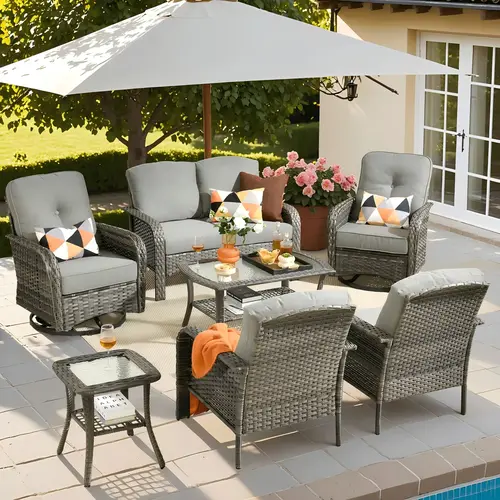 【Back To School】OVIOS 7-Piece Outdoor Patio Furniture Set with Swivel Rocking Chairs & Coffee Table, All-Weather Wicker Rattan Sofa Conversation Set with Cushions for Backyard, Patio, Porch, Deck & Garden