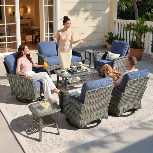 【Family Fun】OVIOS 8-Piece Outdoor Patio Furniture Set with High-Back Swivel Rocking Chairs & Coffee Table, All-Weather Wicker Sofa Conversation Set with Cushions for Backyard, Patio, Porch, Deck & Garden