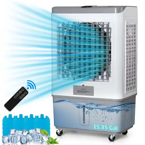 Winado 15.85 Gal Portable Evaporative Swamp Cooler - Indoor/Outdoor Use, 2941CFM, Dust Filter, Remote Control, Rolling Casters, 4 Ice Packs, Water Inlet Hose, White