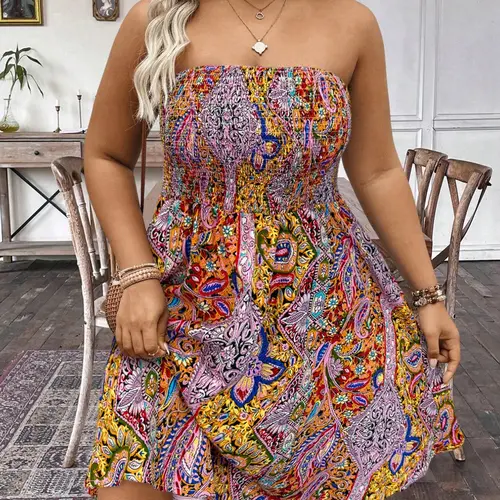 Plus Size Women's Strapless Ethnic Print Short Beach Dress, Sexy Summer Casual Boho Style, Comfortable & Stylish Bohemian, Boho Beach Dresses, Womenswear