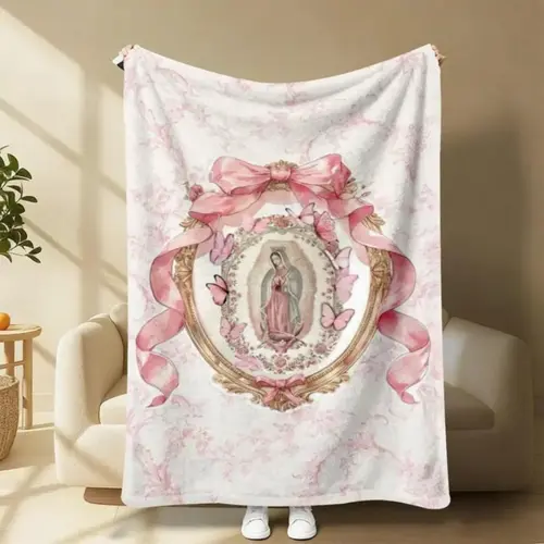 Virgin Mary Our Lady of Guadalupe Pink Bow Frame Flannel Blanket Soft Funny Throw Blanket Cozy Lightweight Plush Portable Cover Blanket For Sofa,Warm Gift For Birthday,Christmas,Multiple Blanket Cozy Chic Blanket Flannel Throw Blankets