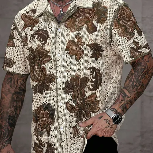 Men's Summer Holiday Tropical Floral Hollow Out Knitted Button Front Short Sleeve Shirt, Aloha Button Shirt, Beachy Shirt, Casual Button Shirts, Casual Loose, Casual Fashion, Comfortable and Stylish
