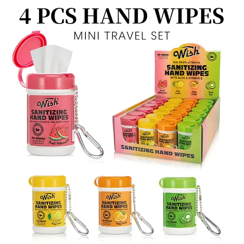 Compact Sanitizing Hand Wipes Canister Set - 4-Pack (80 Total Wipes), Mini Fruit Scents (Kiwi, Orange, Watermelon, Lemon), Purse Stuffers, Home Care Supplies for Outdoor Picnics, 4 Pack-A(80 Wipes)