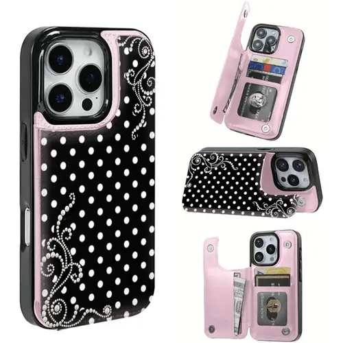 2D image Phone case: Pearl polka dot dream pattern, this practical TPU phone case adopts pattern design, with card slot function, can store bank cards, bus cards and other cards. Suitable for iPhone 16 Pro Max, 16, 15 Pro, 14 PLUS, 13, 12 Pro Max series