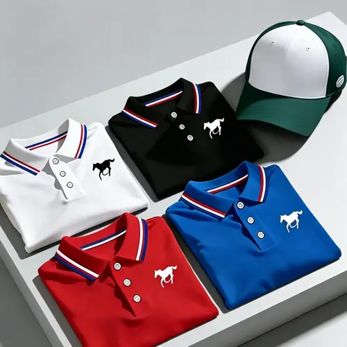 Men's Casual Collared Polo Shirt Set with Contrast Collar, Short Sleeve Horse Print Breathable Shirts for Golf and Daily Wear, Menswear, Various Color Options