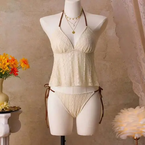 New Two-Piece Set, Almond Lace Vintage Swimsuit, Soft Almond Color Base, Textured Lace Fabric, French Retro Style, All Seasons, Bathing Suit Outfits, Tankini Sets, Tankini Swimwear Set, Summer Tankinis Set, Tankini Swimsuits Women