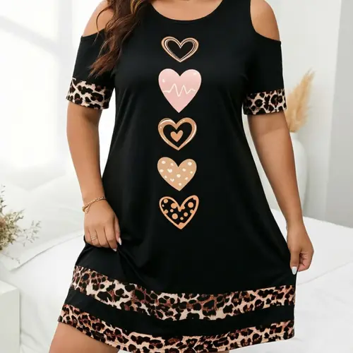 Plus Size Women's Leopard & Heart Pattern Round Neck Cold Shoulder Short Sleeve Loose Dress, Boho Style Dresses, Boho Sundresses, Womenswear, Fashion Casual Wear for Summer