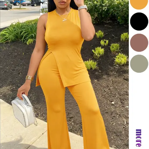 Women's 2026 Summer 2 Piece Outfits Curvy Statement Style, Street Style, Sleeveless Asymmetrical Hem Mock Neck Top & Flared Wide Leg Pants Set, Knit Stretchy Flowy Casual Going Out Vacation Lounge Sets Suit Everyday for Women Womenswear Clothes