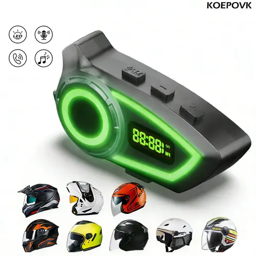 KOEPOVK Bluetooth Motorcycle Helmet Headset K20 with RGB Colorful Lights, IP65 Waterproof, Helmet Intercom, Voice Assistant, Hands-Free Calls, 400mAh Battery for Full/Half Open Face Motorbikes
