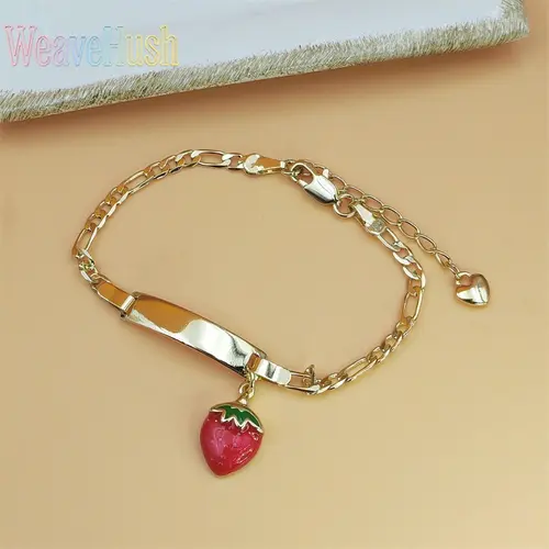 14 Karat Gold Plated Adjustable Link Bracelet with Pendant, Cute Strawberry Charm Juniors Chain with Clasp Closure, Sweet Curved Blank Tag Fashion Bracelet for Kids, Dainty Lightweight Spring Gift
