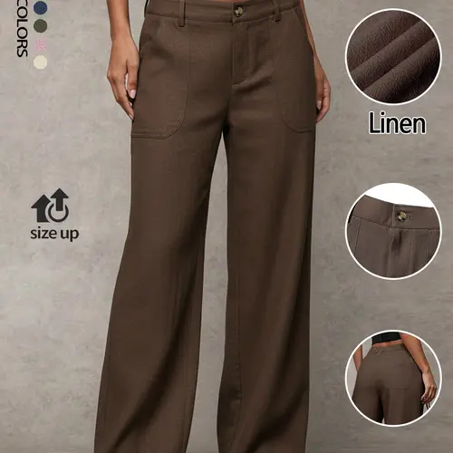 Women's Classical Basic Linen Palazzo Pants Summer Flowy Wide Straight Leg Beach Trousers With Pocket Casual Solid Color Soft Elastic High Waist Lounge Pants Travel Vacation Bottoms Date Brunch Home Work Streetwear Outfit