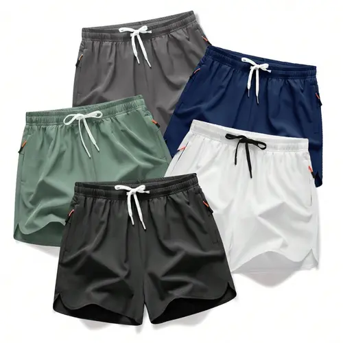 Men's 5-Piece Plain Drawstring Athletic Shorts Set - Casual Athleisure Elastic Waist, Zipper Pocket, Quick Drying, Icy Feel, Breathable Mens Clothing for Summer Beach Daily Wear, Cool Men's Shorts, Tropical Menswear, Casual Athleisure Shorts