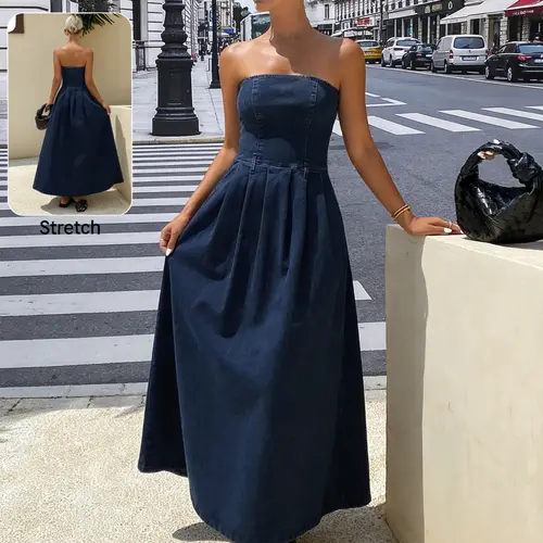 Women's Dark Wash Denim Elastic Halter Dress, Summer Waist Cinched Long Gown, Vintage Blue Strapless Halter, Casual Loose-Fitting Jumpsuit Style