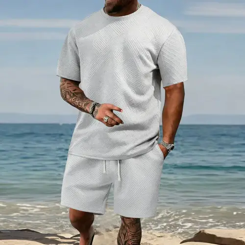 Men's 2-Piece Casual Outfit, Simple Textured Jacquard Short-Sleeve Top and Drawstring Shorts Set, Breathable Polyester Summer Suit