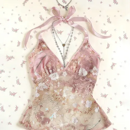 Women's Summer Casual V-Neck Backless Vest, Lace Sequins Patchwork Halter Tie Hollow Out Slim Fit Top, Cute Sweet Style Sleeveless Halter Top, Backless Camisole, Backless Tank Tops