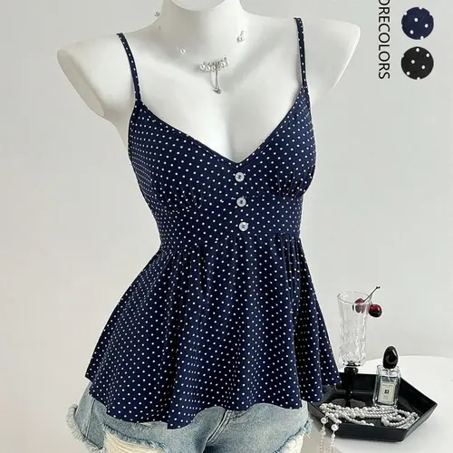 Women's Summer Polka Dot Fitted Cami Top, Slim-Fitting V-Neck Backless Sleeveless Design, Button Detail, Casual Fashion Wear, Perfect for Daily Womenswear