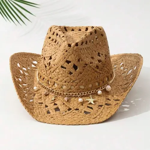 1pc Unisex Adjustable Cowboy Hat with Conch Decor, Hollow Cowgirl Style Casual Bohemian Sun Hat for Spring Summer, Travel Shade, Beach Straw Hat