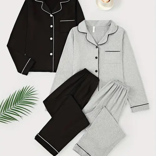 Women's Contract Binding Sleepwear Set, Comfortable Pajama Set, Loungewear, Lapel Collar Button Front Long Sleeve Top & Elastic Waist Pants, Home Wear for All Seasons