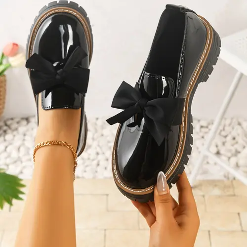 Women's Bowknot Loafers, Thick Sole Rubber PU Leather Shoes, Chunky Heel Design, All-Season Comfortable Footwear, Modest Style, Walking Shoes, Casual Fashion Shoes