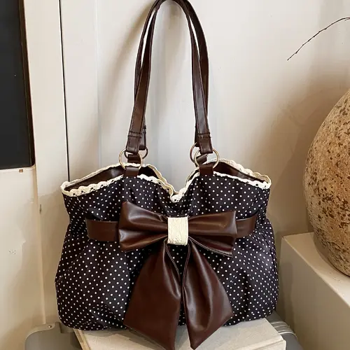 Trendy Fashion Large Capacity Polka Dot Bag with Bow Decor, Fashionable Patterned Bag, Handheld Shoulder Bag, Handbag Shoulder Purse, Stylish Women’s Accessory, PU Leather Bag Perfect for Daily Use