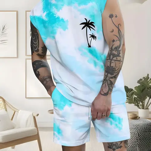 Men's Sleeveless Top with Tropical Palm Tree Print Shorts Set, Casual Trendy Vibe Matching Two-Piece Summer Outfit Menswear