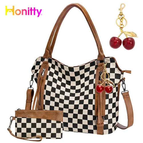 HONITTY Women's Vintage Handmade Square Canvas Hobo Tote Crossbody Purse - With Cherry Keychain, Multiple Pockets, Shoulder Option, Casual Commuter Bag, Summerwins Satchel Handbag, Tote Satchel