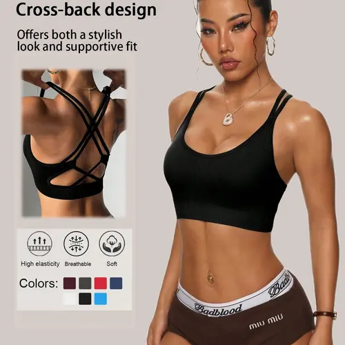 Women's Criss Cross Backless Sports Bra, Workout Bras, Solid Color Breathable Comfortable Stretch Sports Bra, Strappy Sports Bras, Ladies Sportswear for Indoor Outdoor Wear